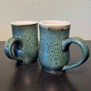 Pair of Handcrafted Green Glaze CS Pottery Mugs w/ Large Black Speckles